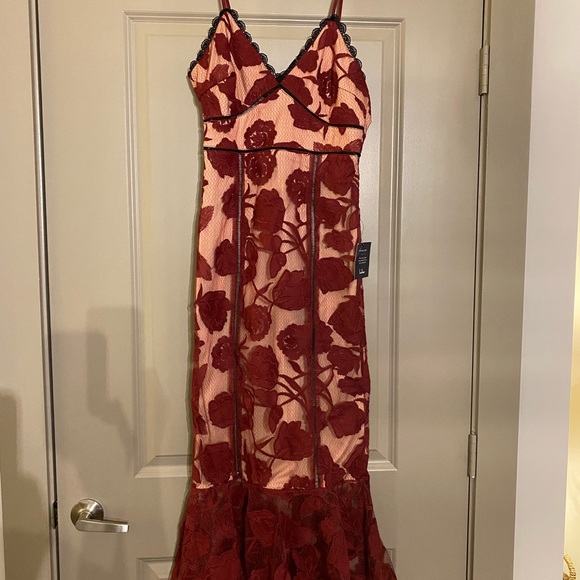 Lulus Dresses & Skirts - Burgundy Floral Mesh Lace Trumpet Midi Dress